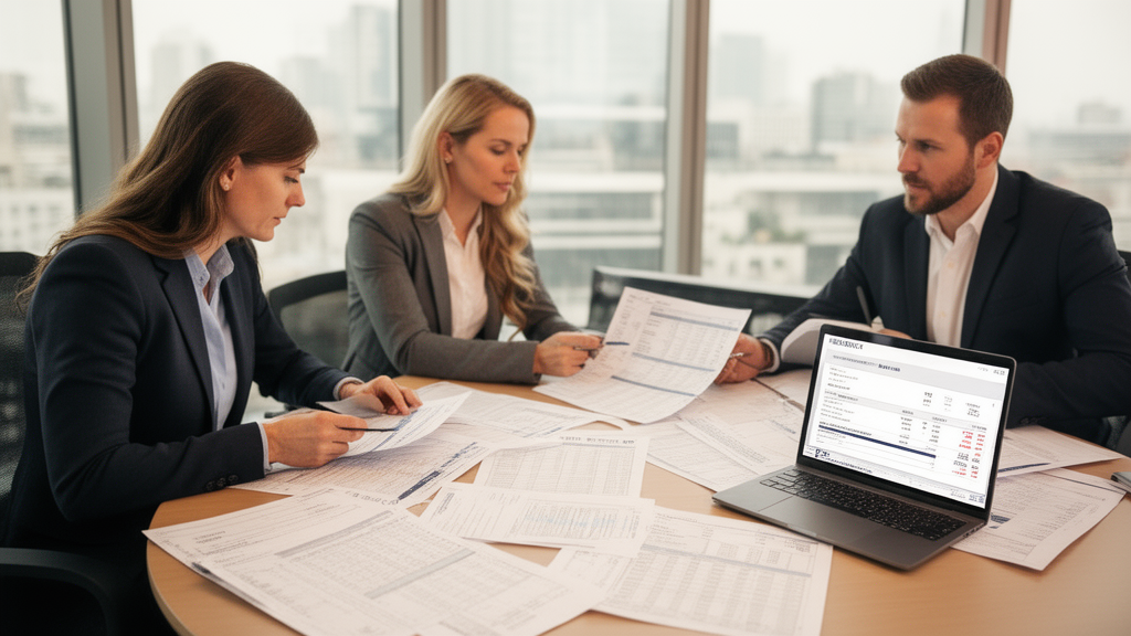 Equipe empresarial analisando folha de pagamento e extratos bancários em escritório moderno