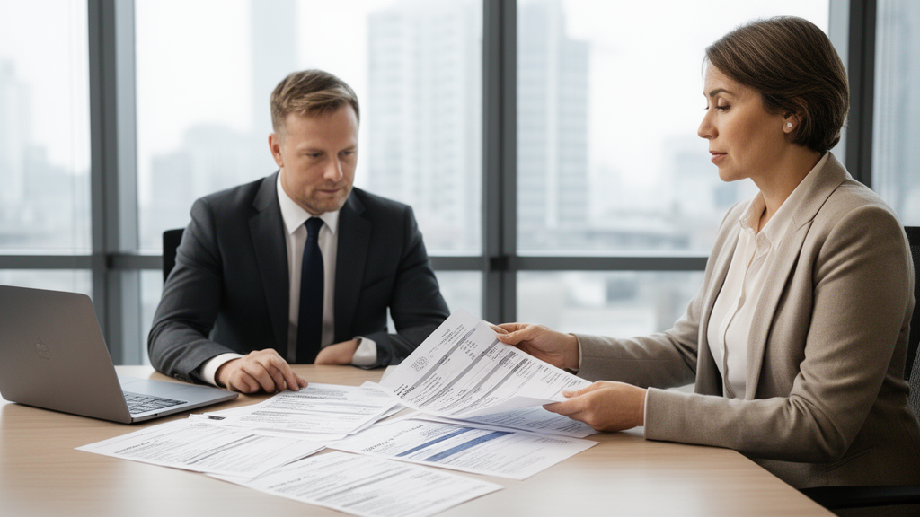 Advogado e sócio analisando extratos e matrícula de imóvel em escritório corporativo