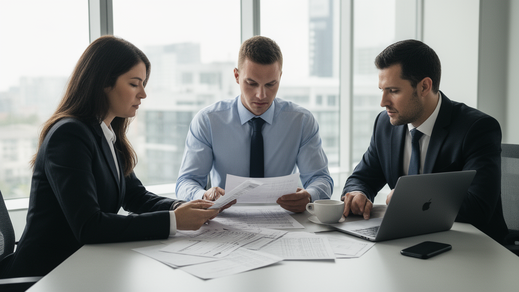Equipe empresarial e contábil analisando extratos e folha em ambiente corporativo