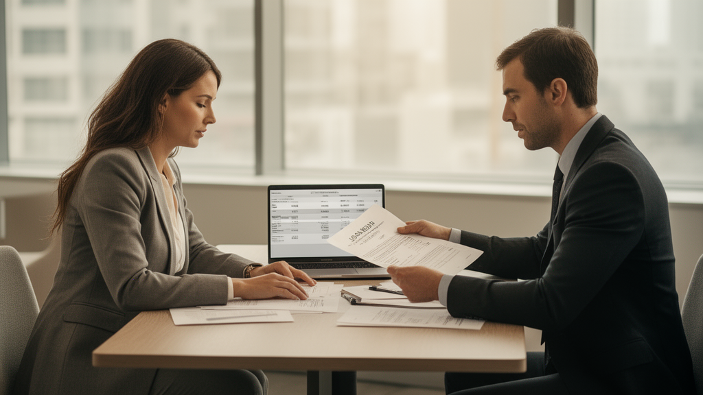 Dois profissionais revisando contrato bancário e extratos em escritório corporativo iluminado