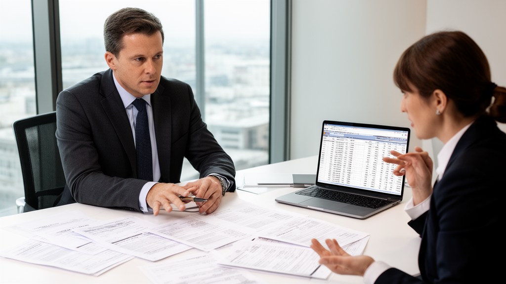 Advogado e gestor revisando extratos e contratos em escritório claro, demonstrando urgência financeira