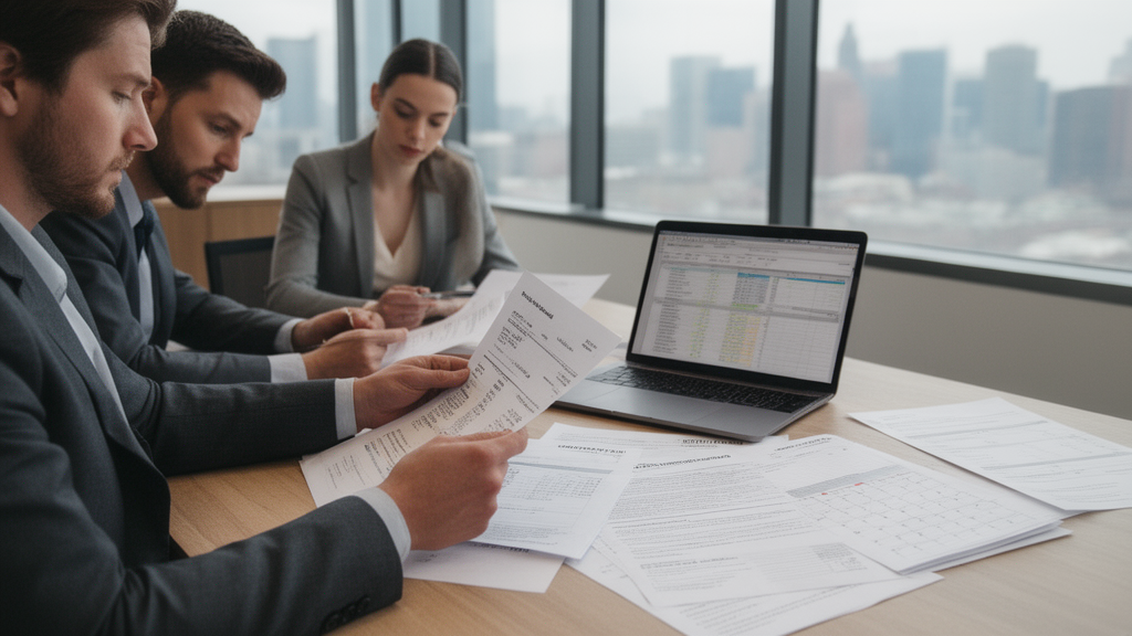 Equipe empresarial analisando extratos e contratos em escritório moderno, luz natural