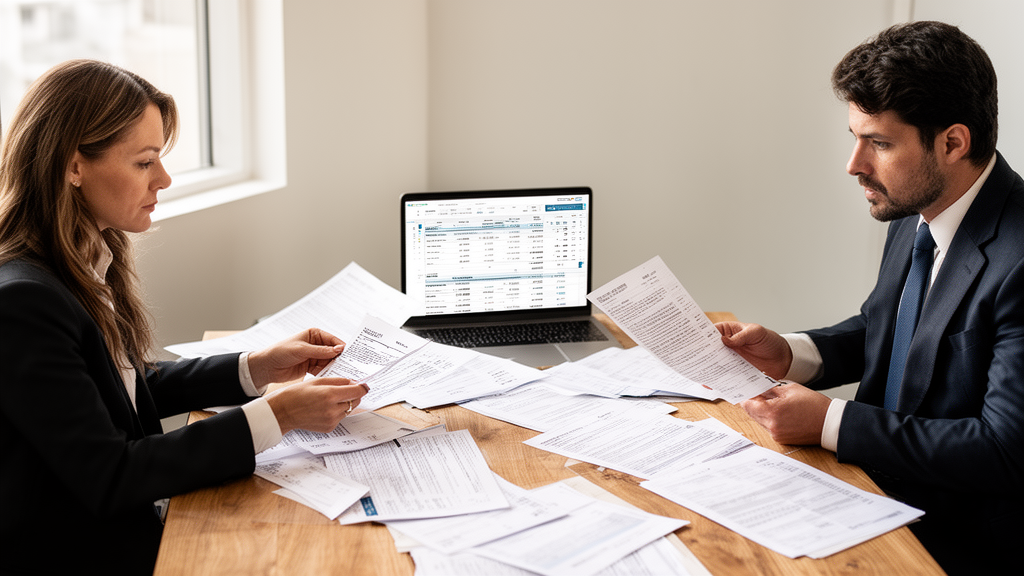 Empresário e gestor financeiro analisando contratos e extratos sobre uma mesa