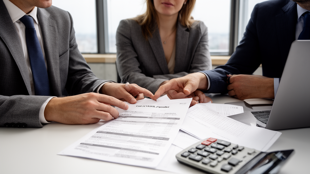 Equipe empresarial analisando extratos bancários e contratos em mesa de escritório