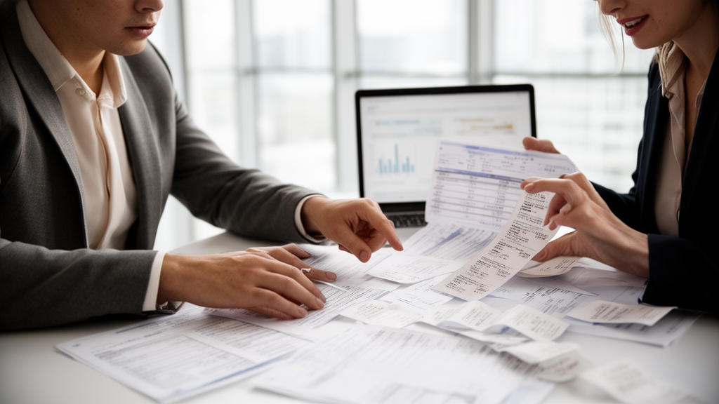 Empresário e consultor financeiro analisando extratos e planilha em escritório iluminado