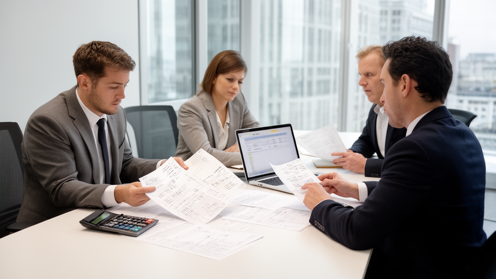 Equipe empresarial analisando extratos bancários e planilha em escritório moderno