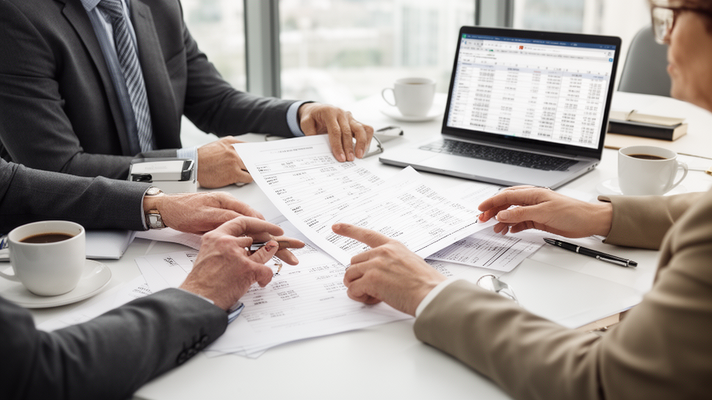Equipe empresarial analisando extratos e planilha de renegociação em sala corporativa