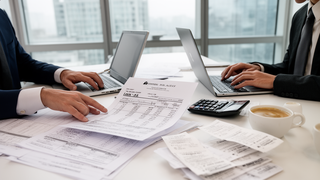 Duas pessoas em escritório corporativo analisando extratos e planilhas de uma CCB PJ