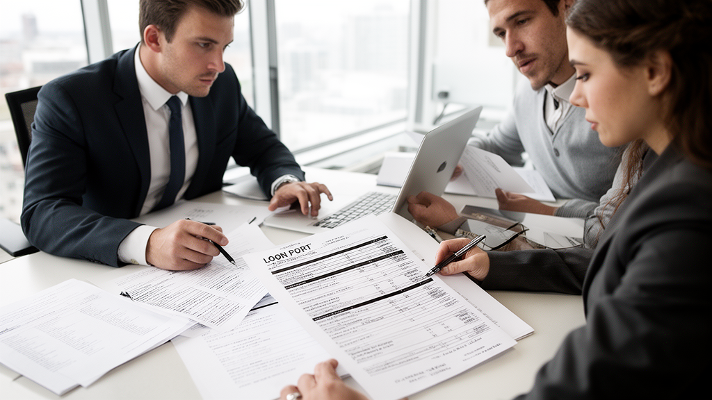 Equipe empresarial analisando extratos e contrato bancário em escritório claro