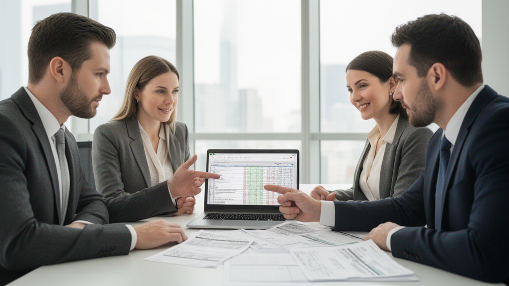 Reunião corporativa com equipe analisando extratos e planilha financeira em laptop