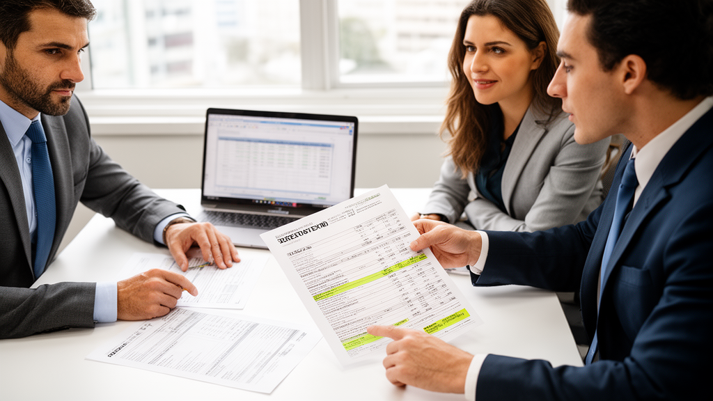 Equipe empresarial analisando extratos e contrato bancário em escritório claro
