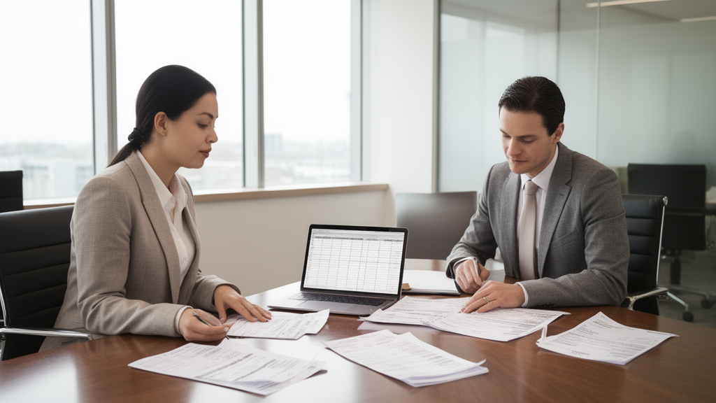 Empresário e gerente bancário analisando extratos e planilha em escritório corporativo