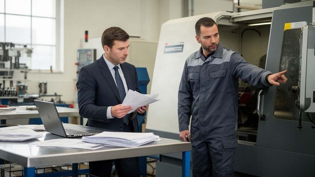 Executivo revisando documentos ao lado de máquina industrial em ambiente empresarial