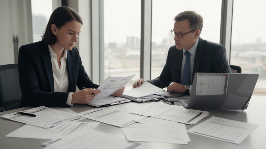 Advogado e diretor financeiro revisando documentos de CCB e extratos em escritório empresarial