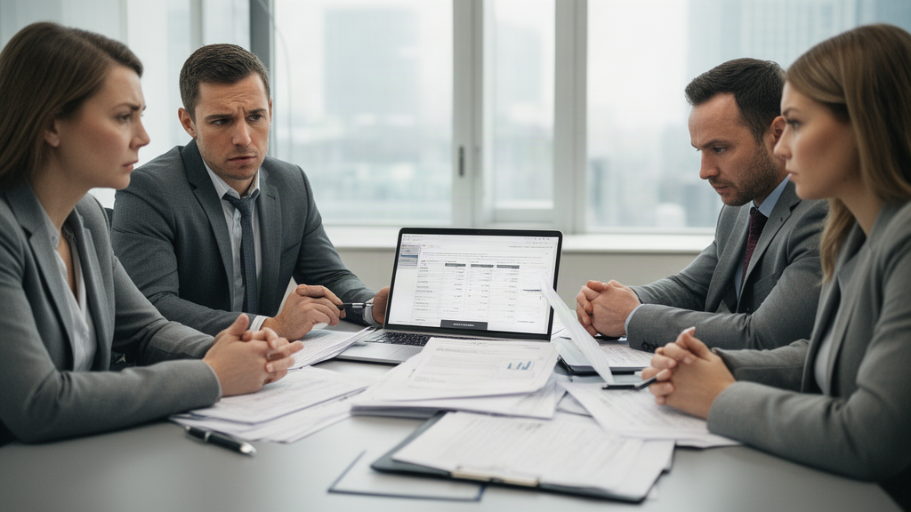 Reunião corporativa de empresários analisando documentos financeiros e contrato bancário em mesa de reunião