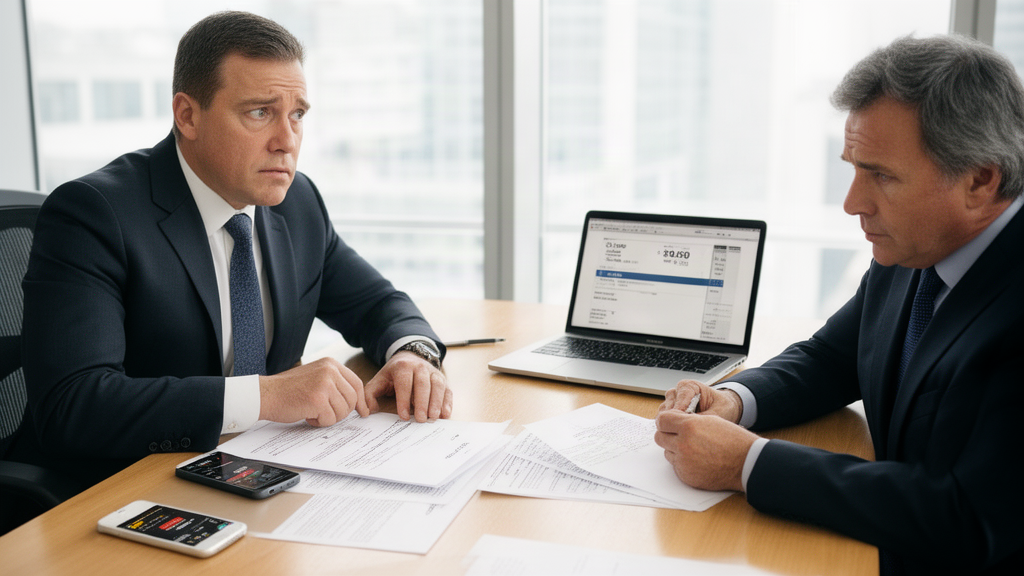 Advogado e empresário analisando contrato bancário em escritório corporativo, com documentos e laptop