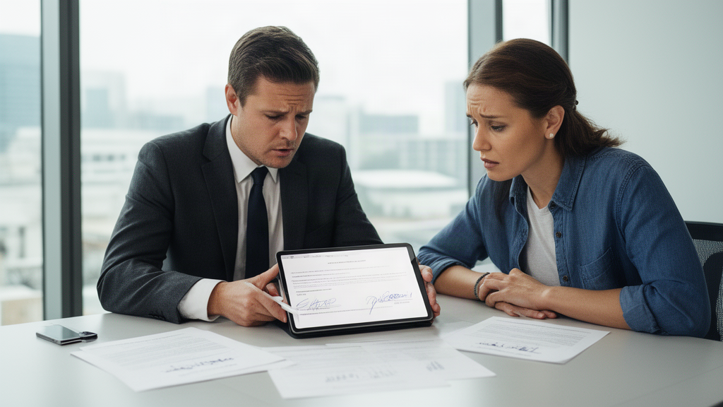Duas pessoas em escritório revisando contrato digital em tablet e documentos financeiros