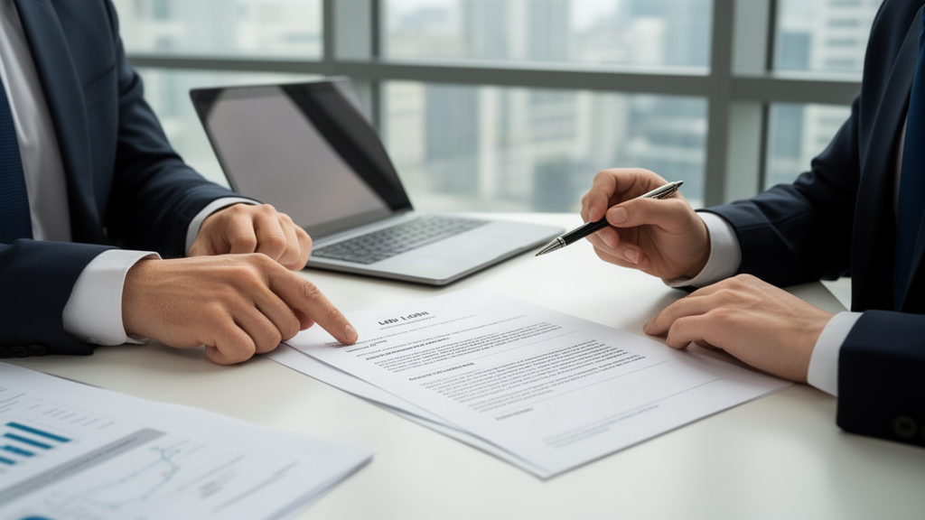 Duas pessoas em escritório revisando contrato bancário empresarial sob luz natural