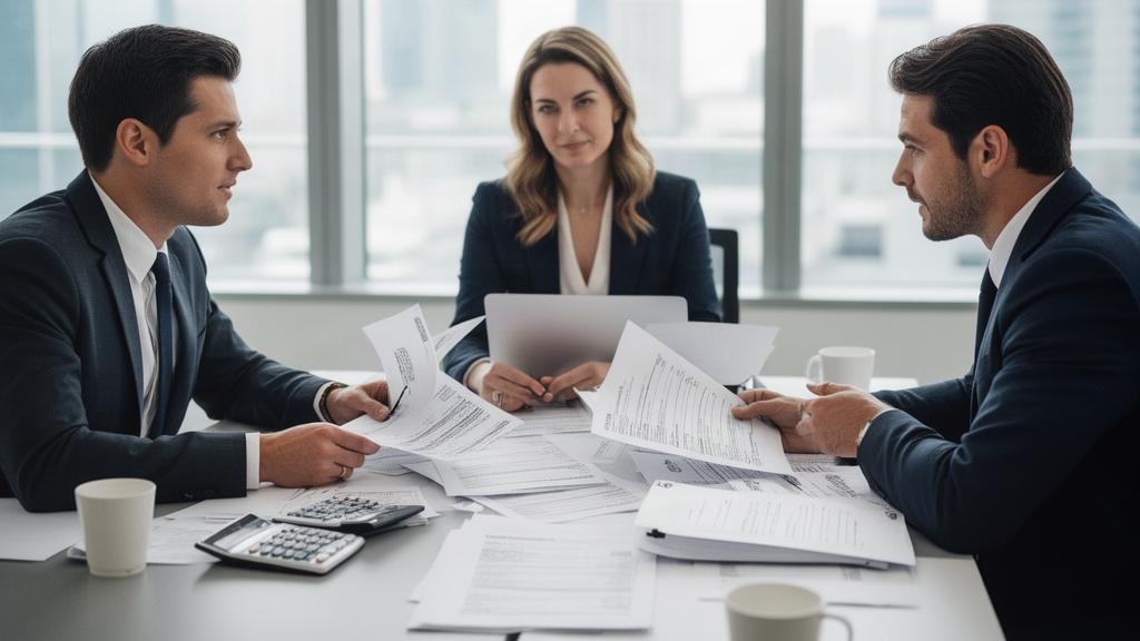 Equipe empresarial analisando extratos e contratos financeiros em sala de reunião