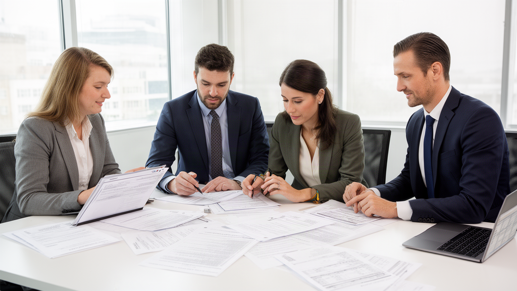 Equipe empresarial e advogado revisando contratos e extratos em escritório claro