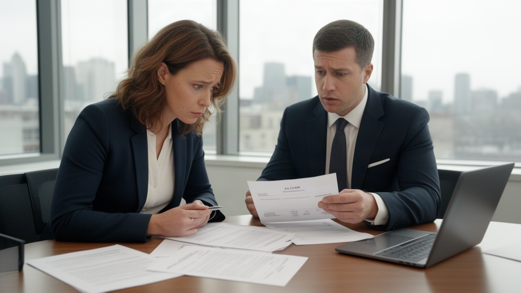 Sócio e advogado em escritório revisando contrato bancário e extratos financeiros