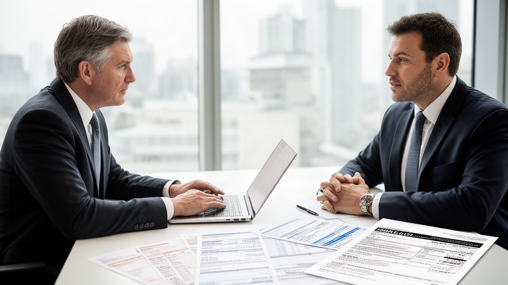 Advogado e empresário analisando contrato bancário em escritório claro e profissional