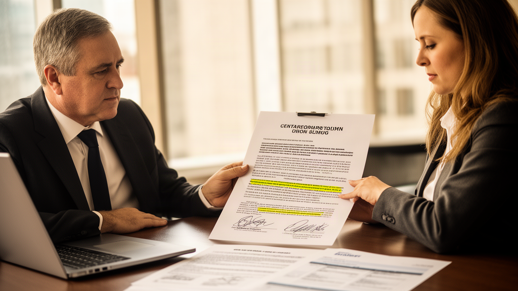 Sócios revisando contrato bancário em sala corporativa, com documentos e laptop à mesa
