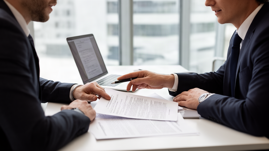 Duas pessoas em negociação empresarial revisando contrato bancário numa sala clara