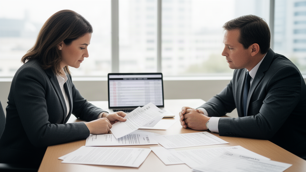 Advogado e empresário revisando contratos bancários e extratos em escritório corporativo iluminado