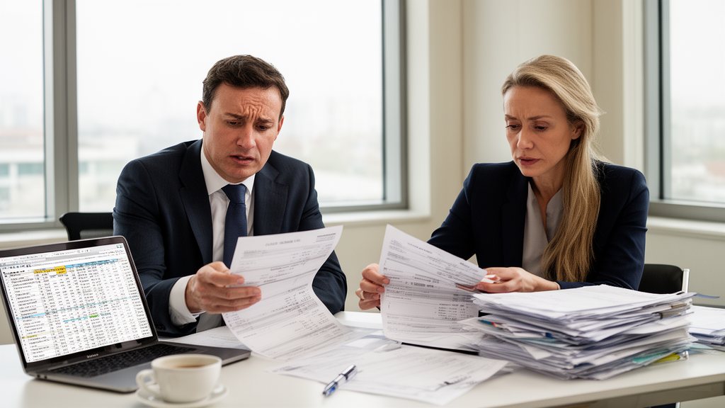 Advogado e sócio analisando extratos e contrato bancário em escritório corporativo