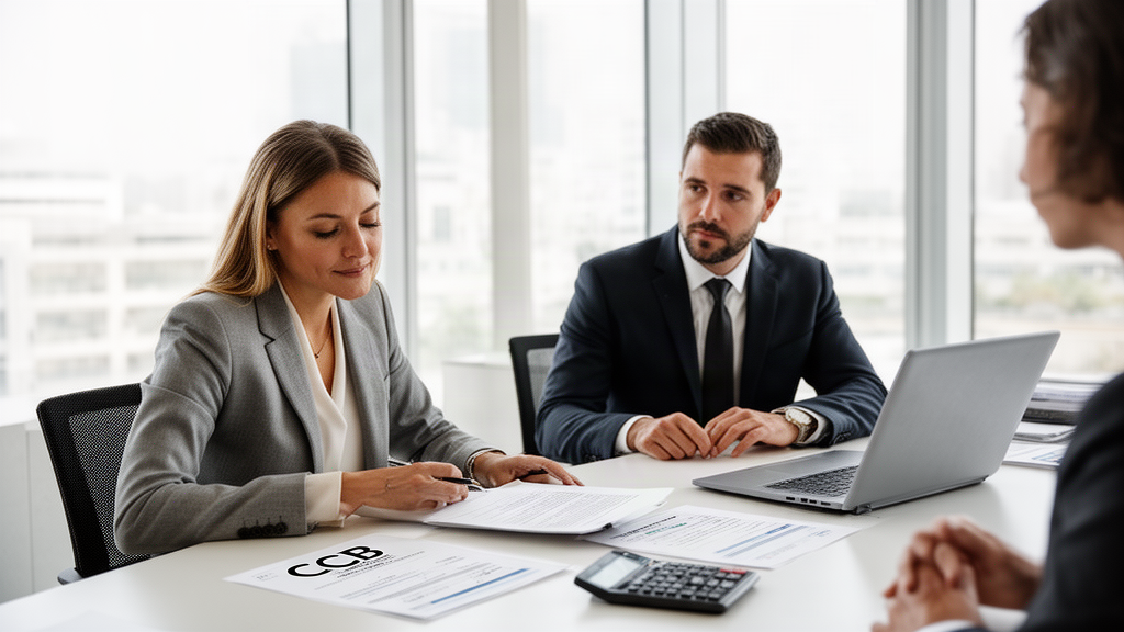 Sócios e advogado revisando contrato e demonstrativos em sala corporativa clara