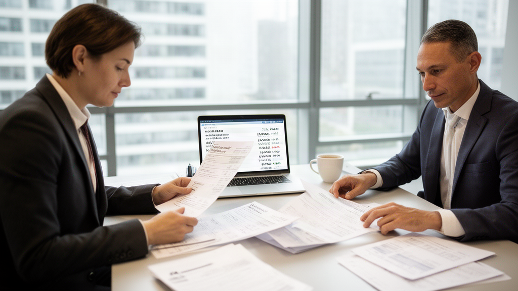 Advogado e executivo revisando extratos e proposta de pagamento em escritório corporativo
