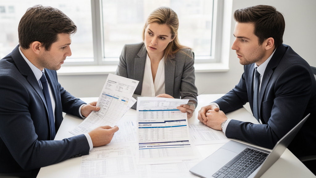 Equipe empresarial analisando extratos e fluxo de caixa para pedido de desbloqueio SisbaJud
