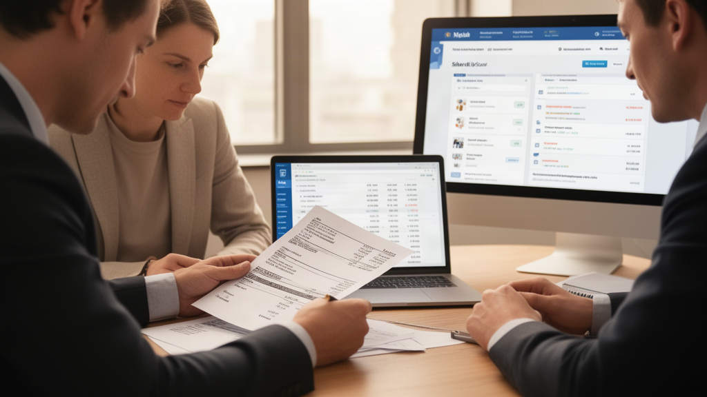 Equipe financeira revisando extratos e planilhas do marketplace em escritório moderno