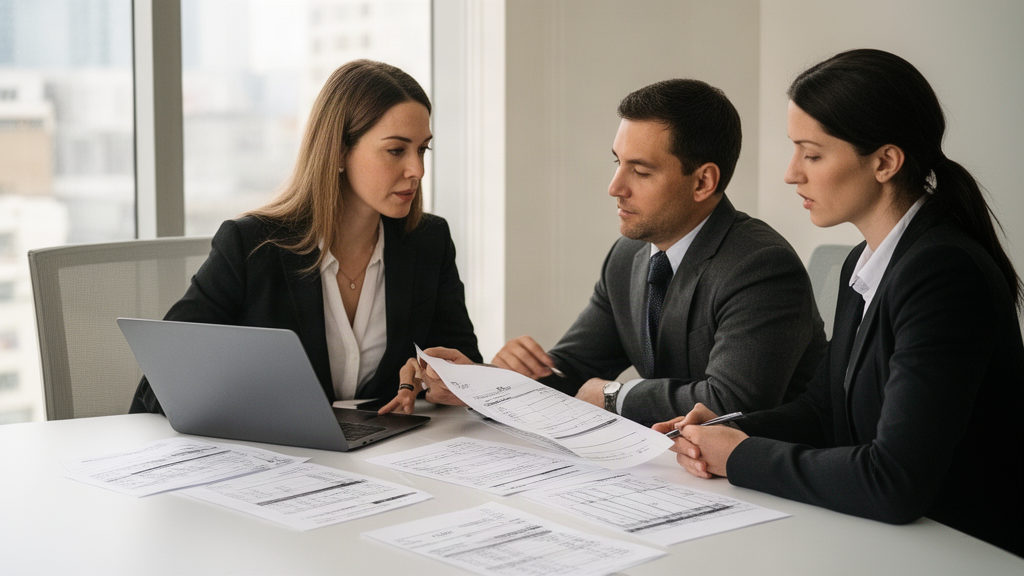 Advogado e gerente revisando extratos e folhas de pagamento em escritório empresarial