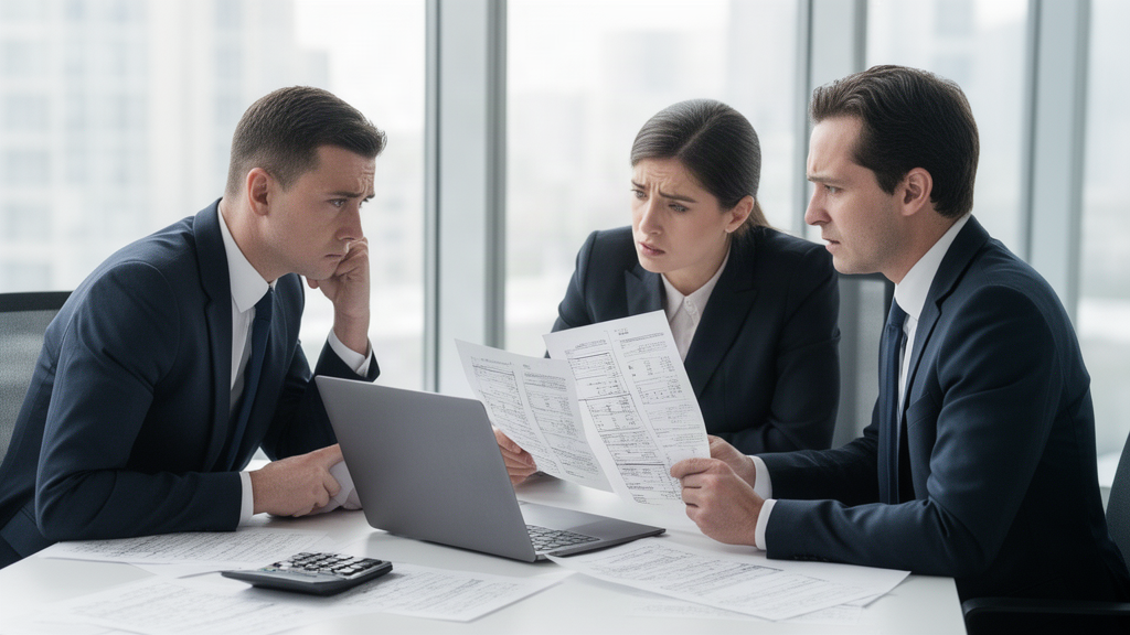Equipe empresarial analisando extratos bancários e documentos financeiros em sala clara