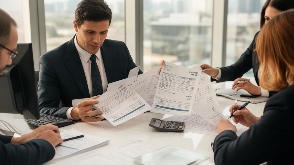 Contador e advogado revisando extratos bancários e guias de pagamento em escritório corporativo