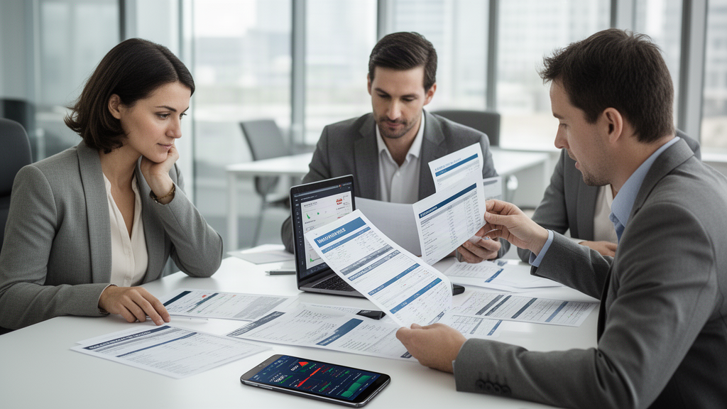 Equipe empresarial analisando extratos de marketplace e documentos financeiros em escritório iluminado