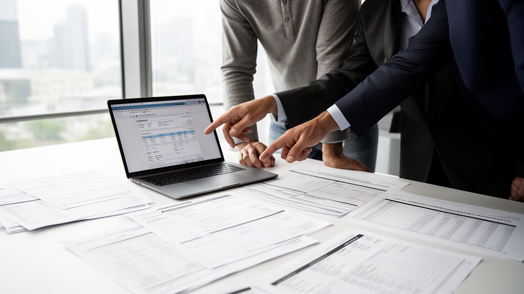 Equipe empresarial analisando extratos e notas fiscais em escritório moderno para desbloqueio SisbaJud