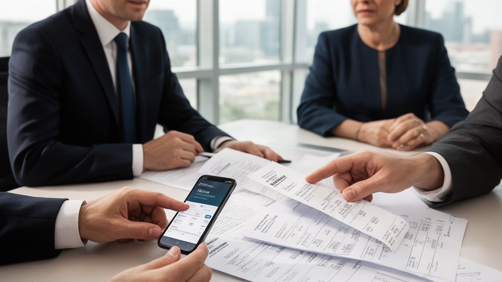 Advogado e sócio analisando extrato bancário e recibos em escritório corporativo