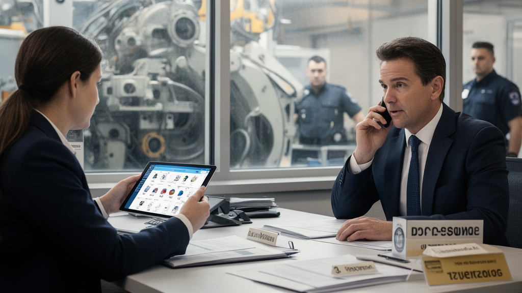 Equipe empresarial analisando inventário de máquinas após ordem de busca e apreensão