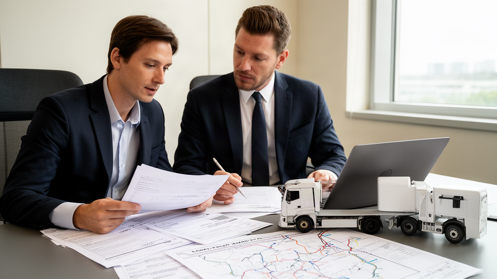 Advogado e empresário revisando documentos e mapa de rotas ao lado de modelo de caminhão
