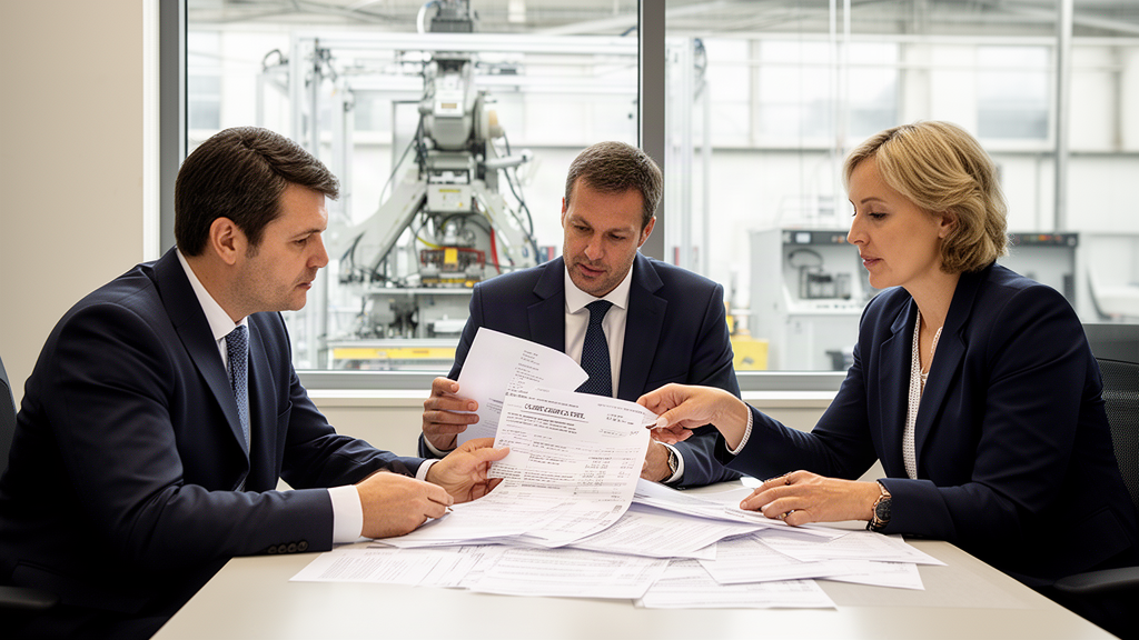 Equipe empresarial e advogado revisando mandado e documentos com máquina industrial ao fundo