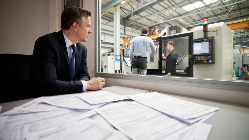 Gerente e engenheiro analisando máquina CNC e documentos financeiros na empresa