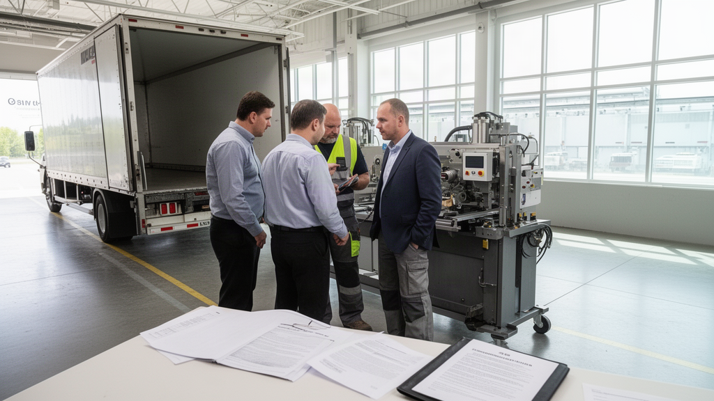 Equipe empresarial inspecionando máquina industrial ao lado de caminhão no pátio da empresa