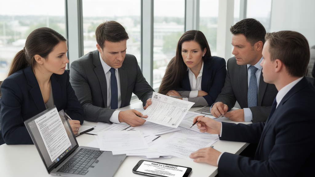 Advogado e gestores empresariais analisando contratos e documentos em escritório moderno