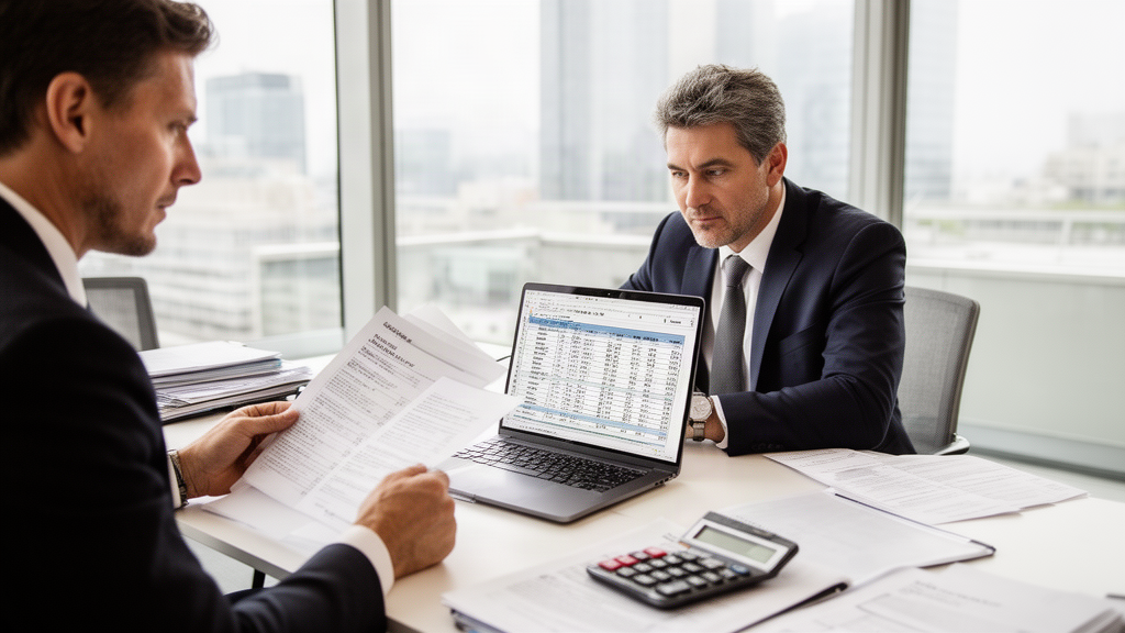 Advogado e CFO analisando CCB e planilha de dívida em escritório corporativo