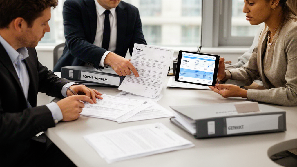 Advogado e empresário revisando contratos e extratos em escritório corporativo iluminado