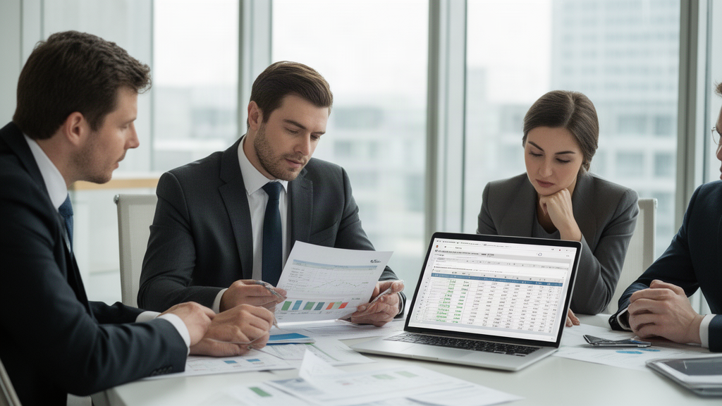 Executivos analisando planilha financeira e contrato bancário em escritório moderno