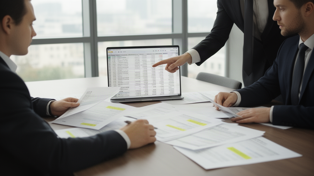 Executivos revisando extratos e planilha financeira em sala de reunião com luz natural